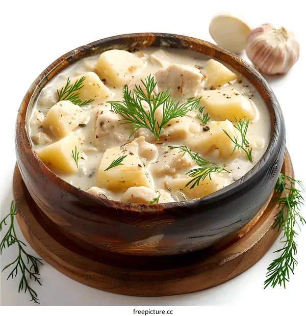 Chicken and Potato Soup in a wooden bowl