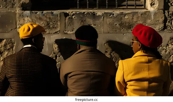 Three Friends Standing Back To Back Near Brick Wall