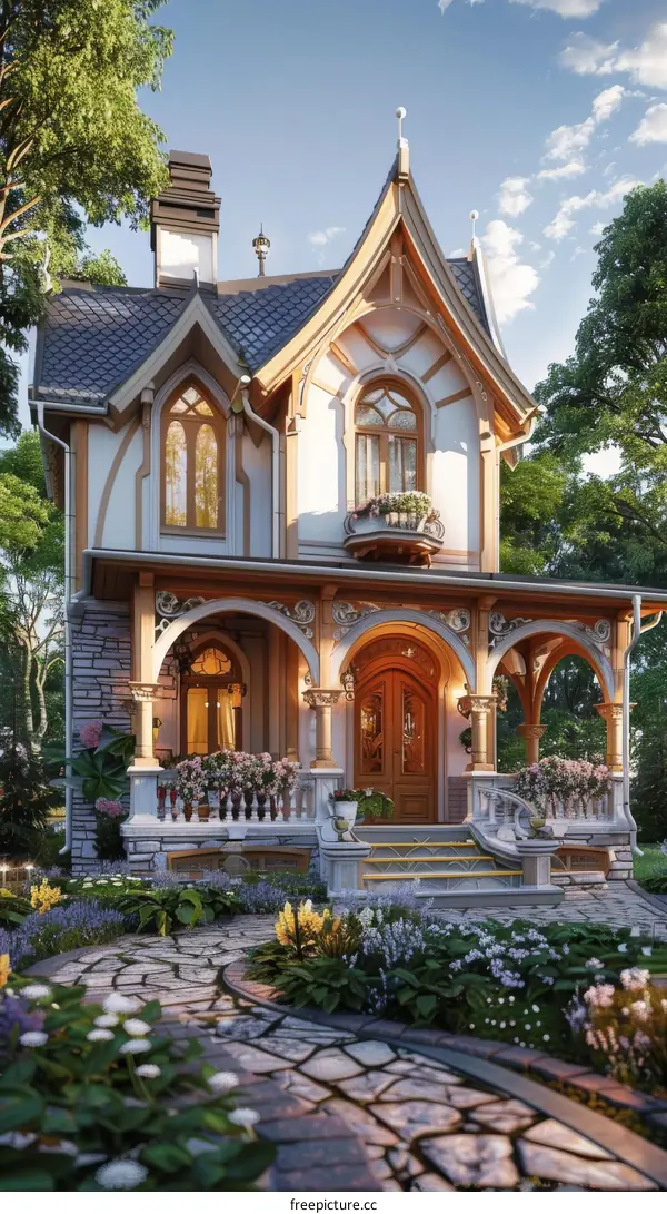 Charming gingerbread cottage with a beautiful garden