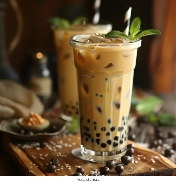 Iced coffee with boba pearls