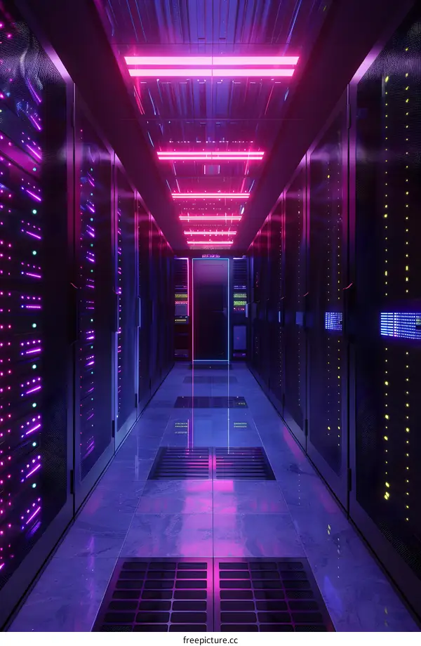futuristic server room with purple and blue neon lights