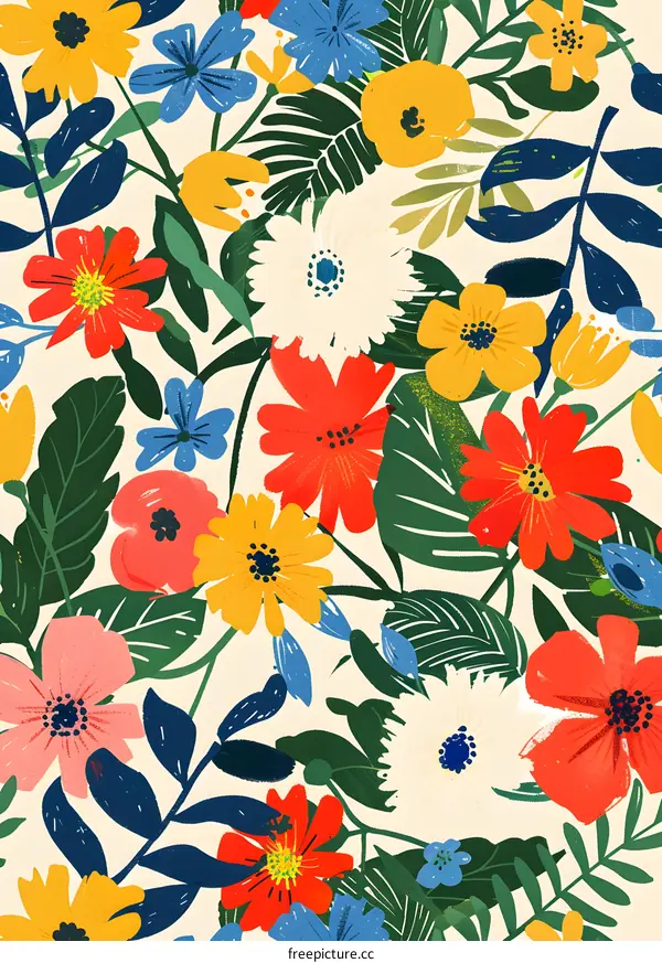 Colorful Floral Pattern Illustration with Bright Yellow, Red, White, Blue, and Green Flowers