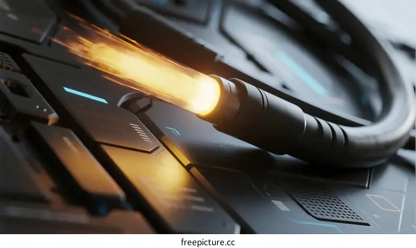 Futuristic Cable with Flaming End on High-Tech Surface