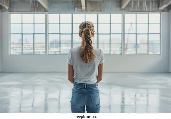 Young woman standing with her back turned in an empty room