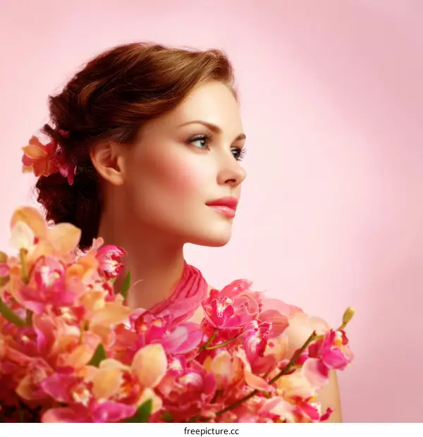 Beautiful Woman with Flowers Beauty Portrait