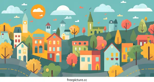 Colorful Illustration of a Small Town with Buildings and Trees