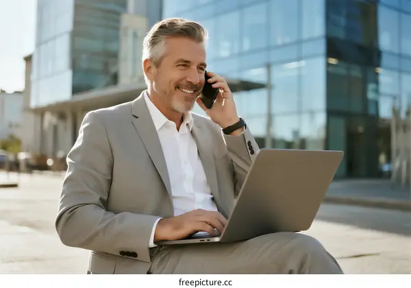 Mature Businessman Using Laptop and Mobile Phone Outdoors