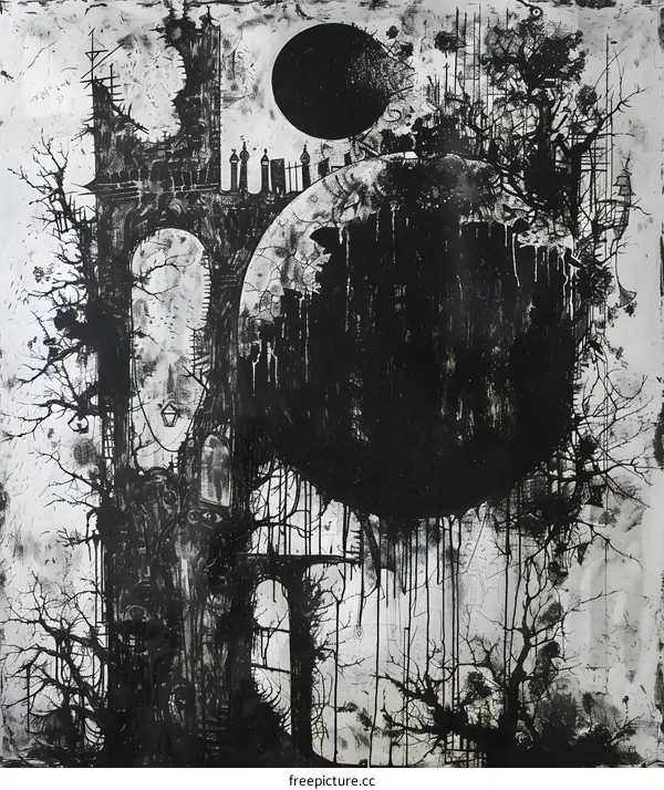 Black and White Abstract Art Painting of a City with a Sphere and a Circle in the Sky
