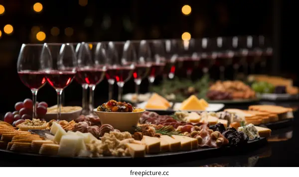 Red and white wine glasses with cheese and crackers