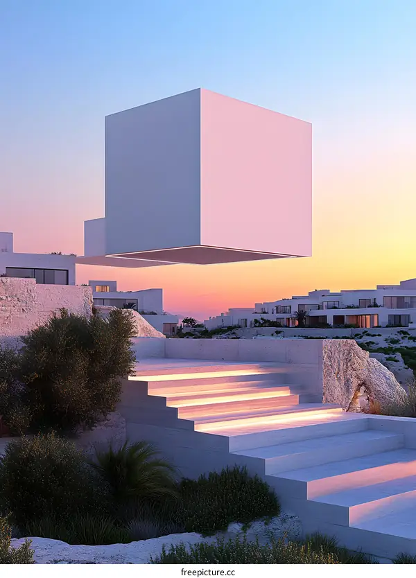 Modern Architecture Design with Floating Cube at Sunset