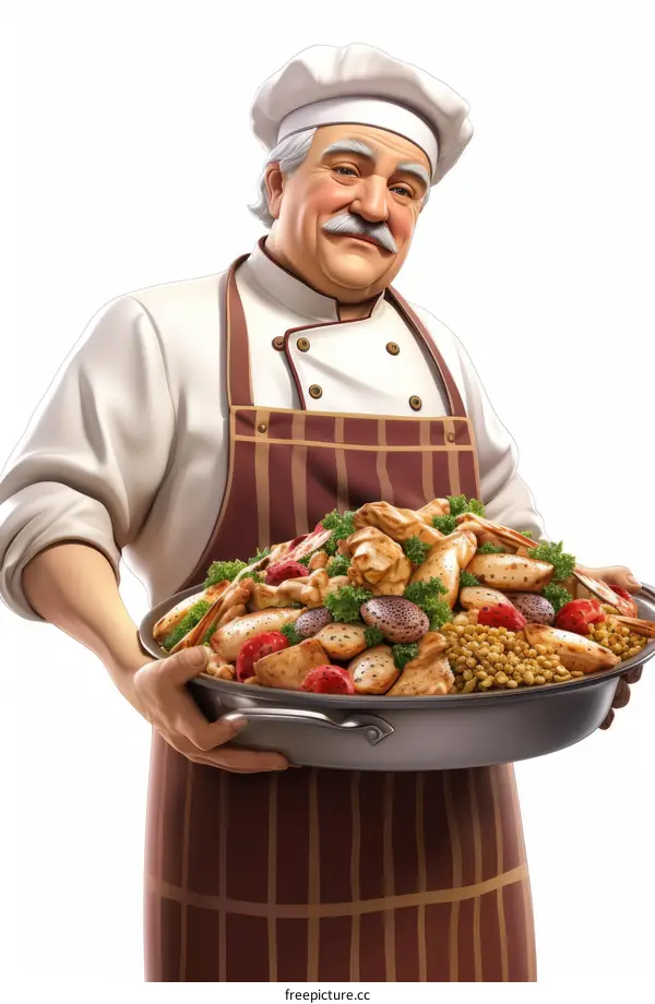 An illustration of a chef holding a large pot of food