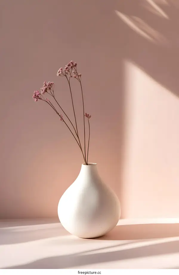 White Vase with Dried Flowers and Soft Shadows on Pink Background