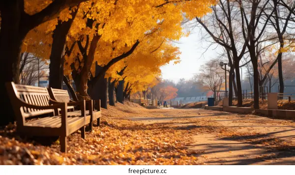An empty bench sits under a tree with yellow autumn leaves on the ground