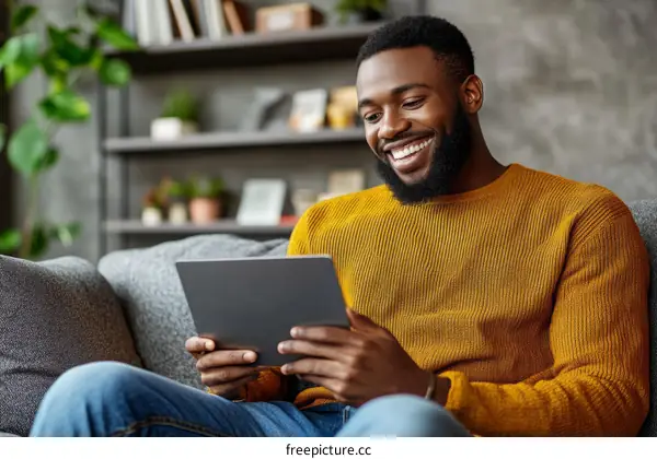 Happy African Man Relaxing on Sofa with Tablet