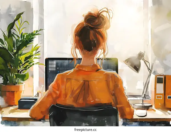 A woman sitting at a desk and using a computer