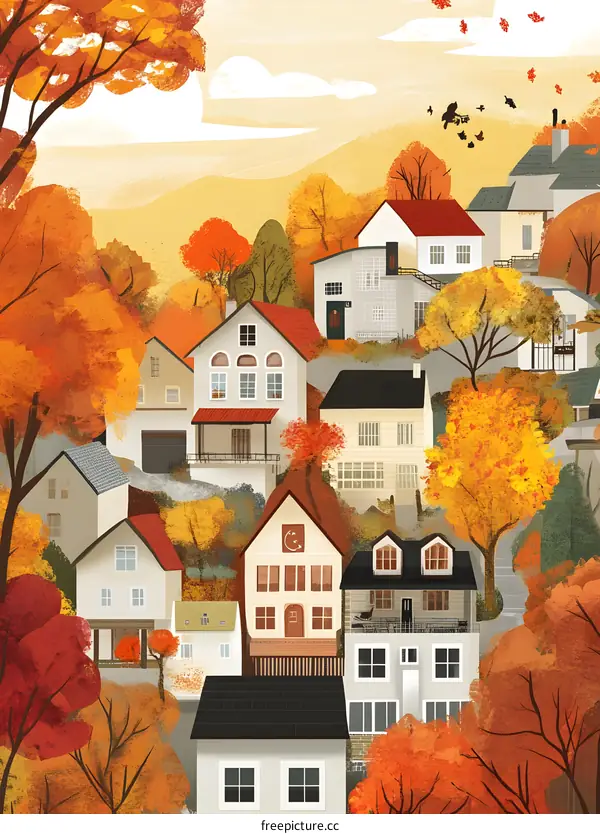 Autumn Landscape with Colorful Trees and Houses