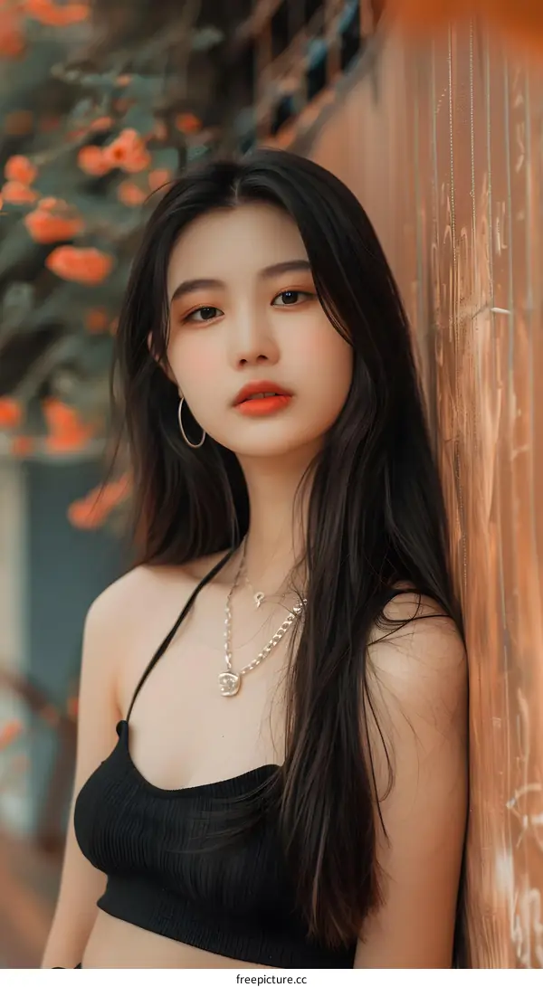 Portrait of a Young Asian Woman with Long Black Hair