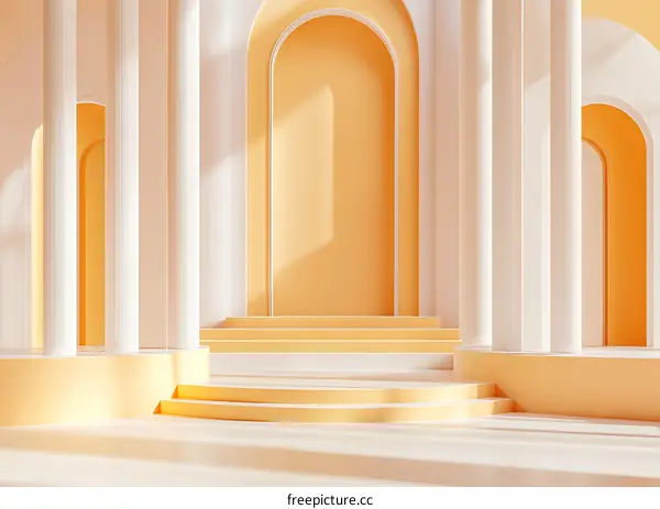 Abstract Minimalist 3D Rendering Of White Columns and Archways with Yellow Background