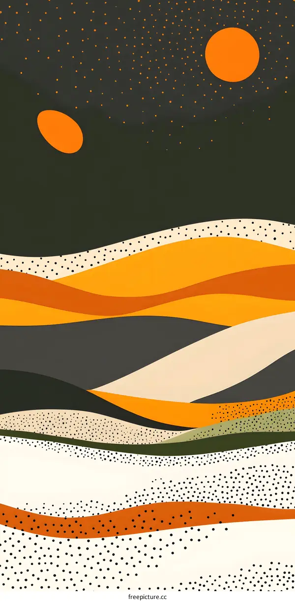 Abstract Landscape with Orange Circles and Black Dots