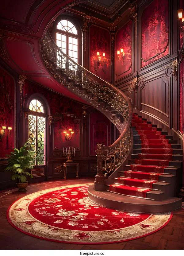 European style spiral staircase and red carpet in luxury mansion