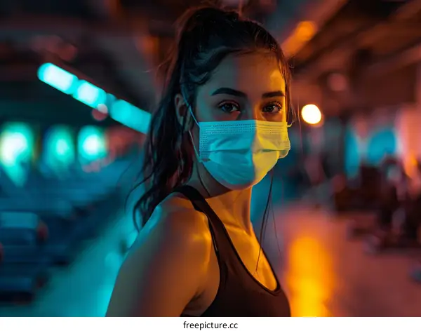 Close-up portrait of a young female athlete wearing a surgical mask