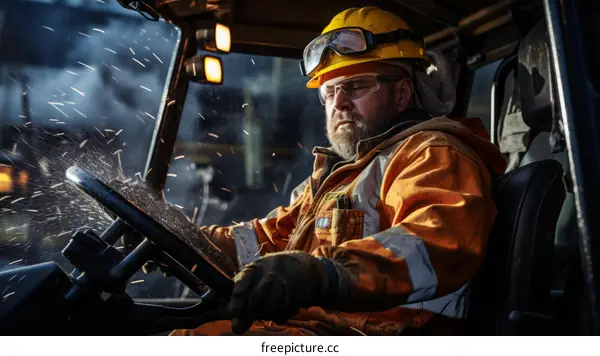 Bearded man in hard hat and safety glasses operates heavy machinery