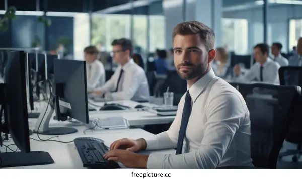 Confident businessman working on computer in busy office