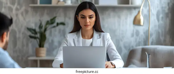 Focused Businesswoman Working on Laptop in Office