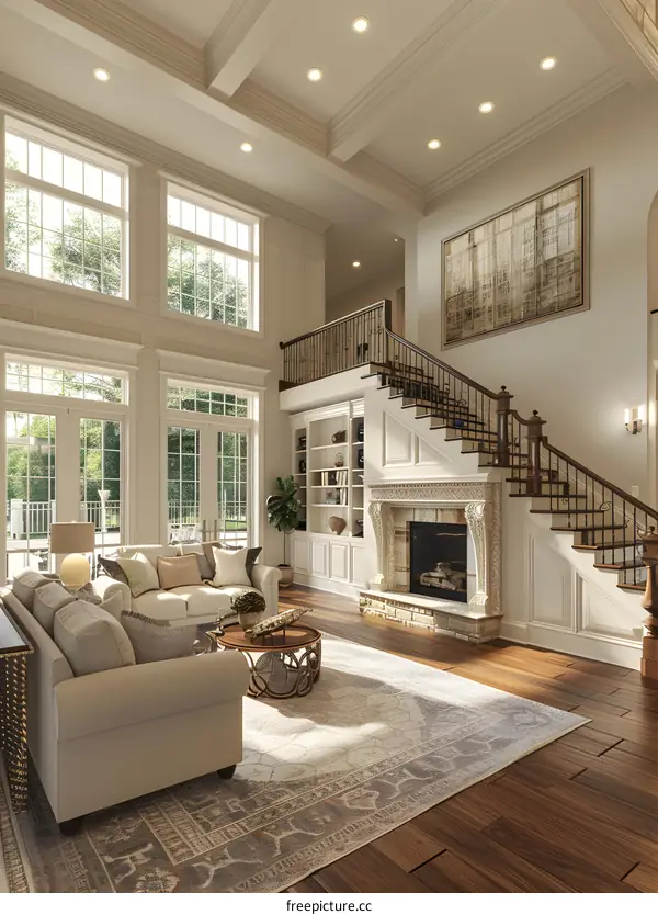 Elegant Living Room with Staircase and Fireplace