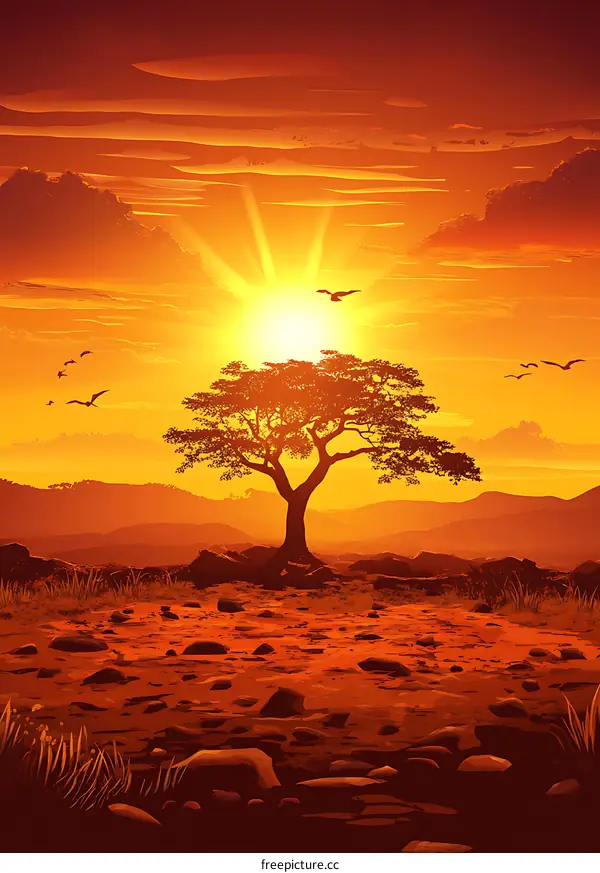 Orange Sunset With Silhouette of a Tree
