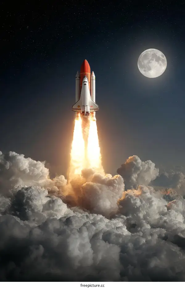 Space Shuttle Launch at Night with Moon