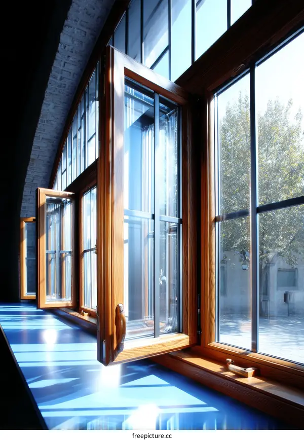 Wooden Windows with a View of Cityscape