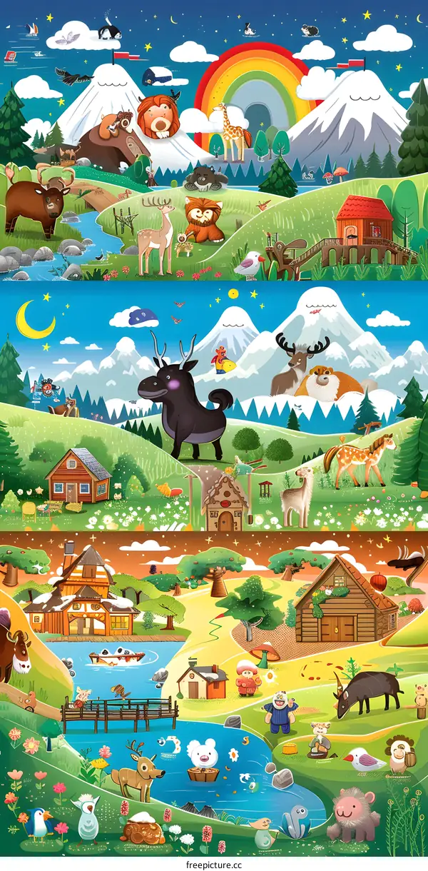 Colorful Illustration of Animals and Houses in a Mountain Landscape