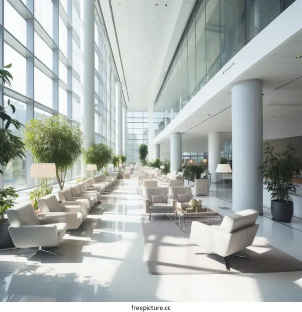 Waiting area with white leather chairs and green plants