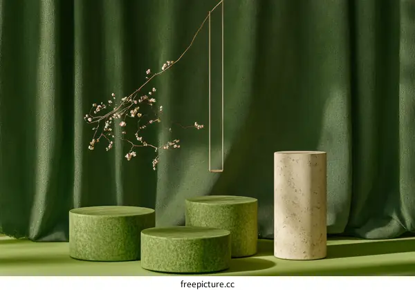 Green Velvet Drapery Background with Display Pedestals