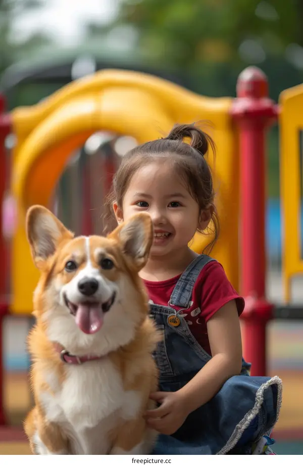 A happy girl playing with a cute dog in the playground