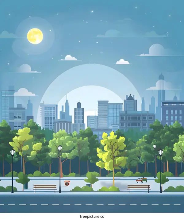 City Park at Night with Full Moon