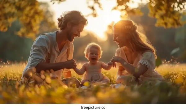 Happy family sitting on the grass in the park