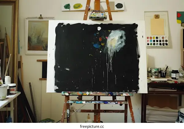 Black Canvas on an Easel in an Art Studio