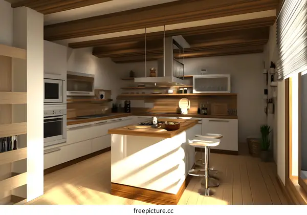 Modern White Kitchen With Wooden Beams And Island