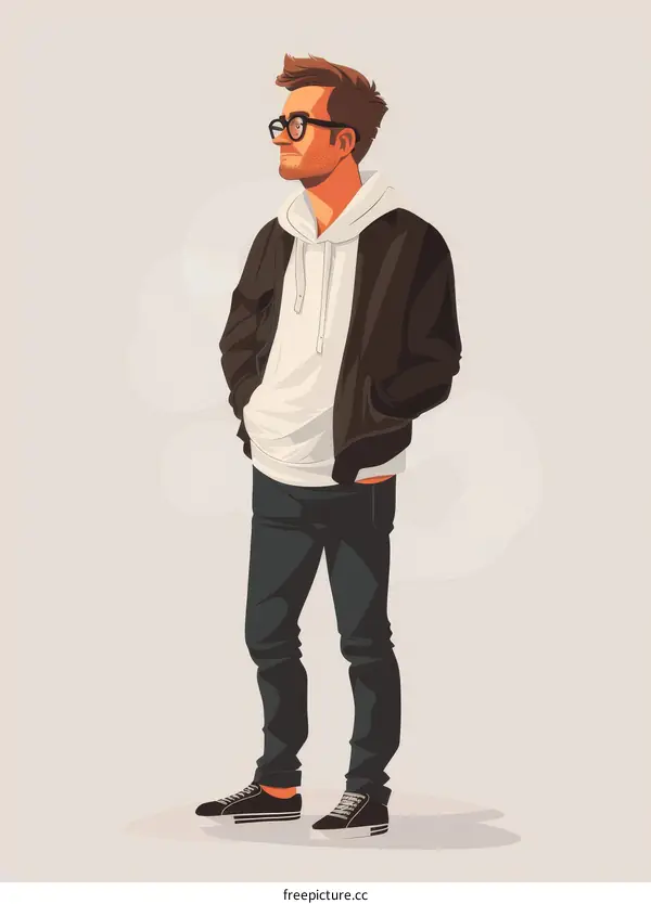 Bearded Man with Glasses in Stylish Black Jacket and White Hoodie