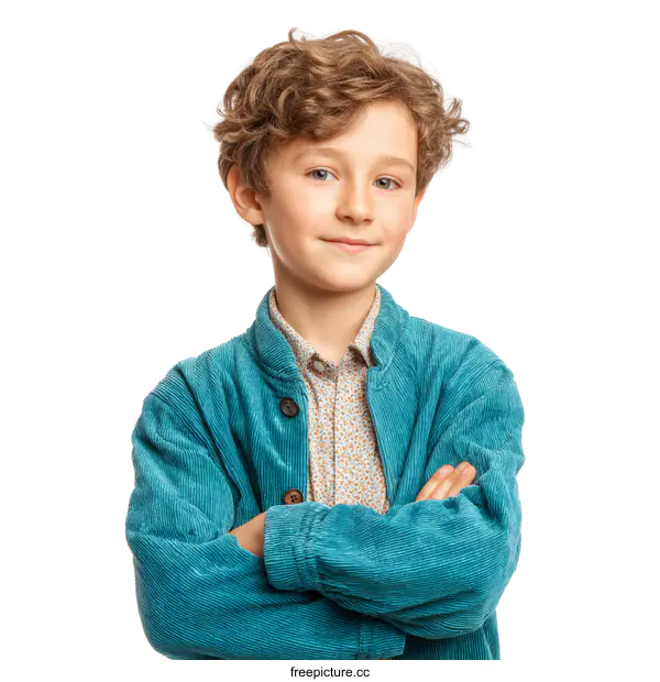 [Transparent Background PNG]Portrait of a Boy in Teal Corduroy Jacket