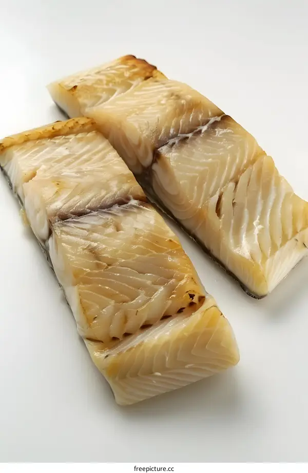 Two Pieces of Grilled Cod on a White Background
