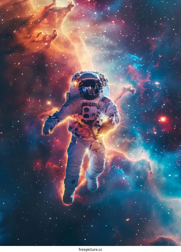 Astronaut in a spacesuit floating amidst stars and distant galaxies