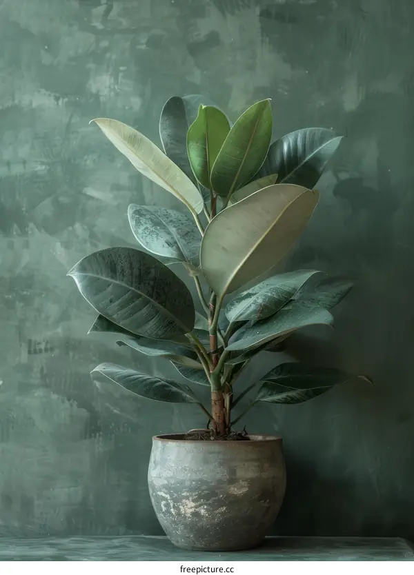 A potted rubber plant in front of a green wall