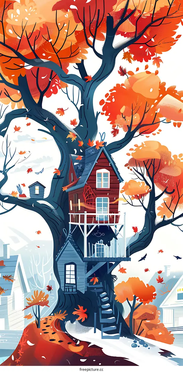 Autumn Tree House with Red and Orange Leaves Illustration