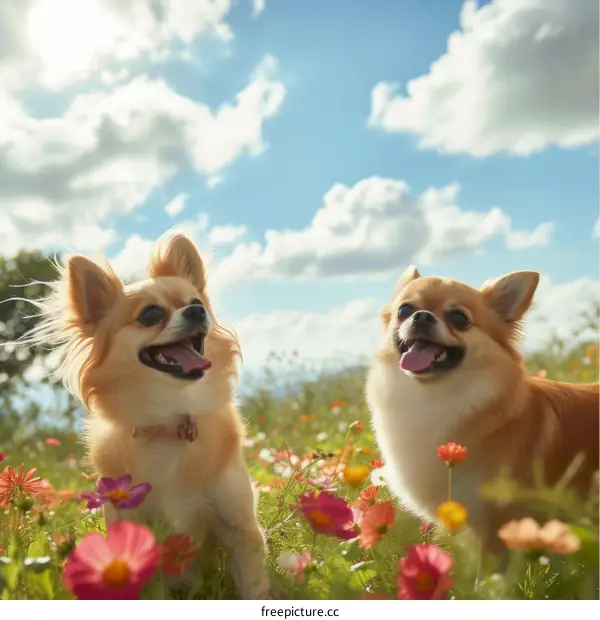 Two happy chihuahua dogs playing in a field of flowers on a sunny day