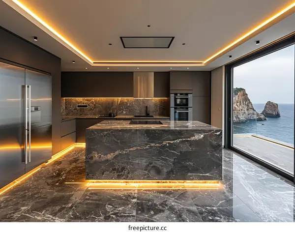 Modern kitchen interior with marble countertops and stainless steel appliances