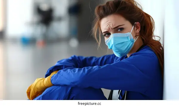 Tired Healthcare Worker Sitting Against Wall