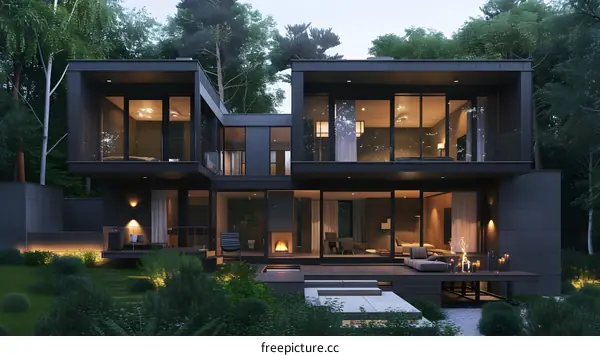 Modern Black House with Large Windows and a Fireplace